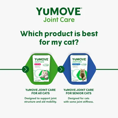 YuMOVE Joint Care for All Cats: supports joint structure and mobility. YuMOVE Joint Care for Senior Cats: for cats with some joint stiffness. Which product is best for my cat?