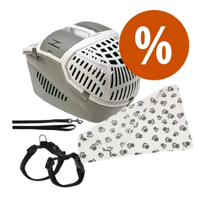 Set con trasportino in plastica grigia e bianca, guinzaglio nero, pettorina nera regolabile e coperta bianca con impronte nere. Simbolo percentuale arancione per offerta.
