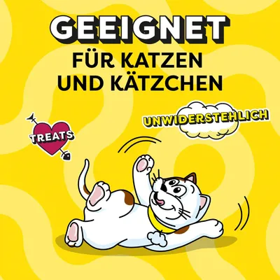 Geeignet für Katzen und Kätzchen, unwiderstehlich, Treats. Zeichnung einer spielenden Katze auf gelbem Hintergrund.