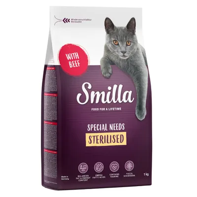 Smilla Special Needs Sterilised macskaeledel marhával, visszazárható csomagolás, taurinnal, omega zsírsavakkal, Yucca Schidigerával, kiegyensúlyozott zsír- és energiatartalom, 1 kg.