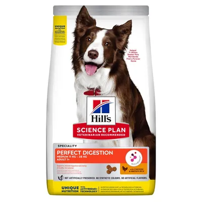 Hill's Science Plan Perfect Digestion για μεσαίου μεγέθους σκύλους, 11-25 kg, Adult 1+, με κοτόπουλο και καστανό ρύζι. Χωρίς τεχνητά χρώματα και αρώματα.