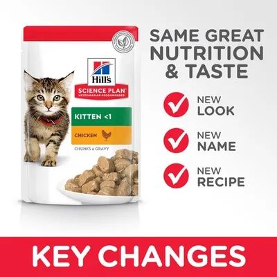 Hill's Science Plan Kitten <1 Chicken Chunks & Gravy macskaeledel csomagolás. Feliratok: SAME GREAT NUTRITION & TASTE, NEW LOOK, NEW NAME, NEW RECIPE, KEY CHANGES.