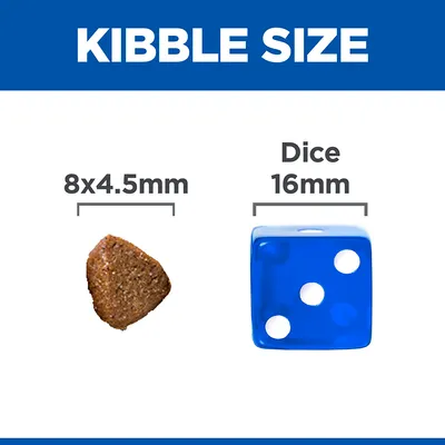 Veličina granula: usporedba granule 8×4,5 mm i plave kocke 16 mm. Tekst na engleskom: Kibble size, Dice.