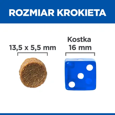 Rozmiar krokieta: 13,5 x 5,5 mm obok kostki 16 mm. Porównanie wielkości krokieta i kostki do gry.