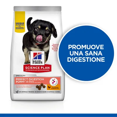 Hill's Science Plan Perfect Digestion Puppy <1 Medium con pollo e riso integrale. Testo visibile: promuove una sana digestione, Unique Nutrition ActivBiome+ Technology.