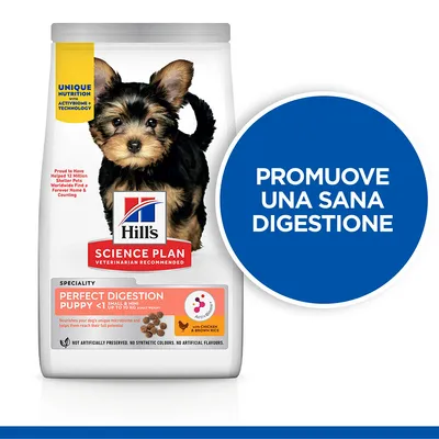 Hill's Science Plan Perfect Digestion Puppy <1 Small & Mini con pollo e riso integrale. Promuove una sana digestione. Specialità per cuccioli di taglia piccola e mini.