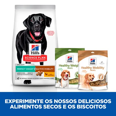 Hill's Science Plan Perfect Weight & Active Mobility ração para cães, Hill's Healthy Weight Treats e Hill's Healthy Mobility Treats. Texto: Experimente os nossos deliciosos alimentos secos e os biscoitos.