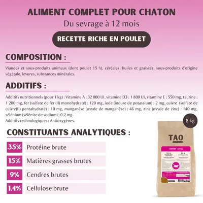 Aliment complet pour chaton TAO, du sevrage à 12 mois, recette riche en poulet. Protéine brute 35 %, matières grasses brutes 15 %, cendres brutes 9 %, cellulose brute 1,4 %. Sac de 8 kg.