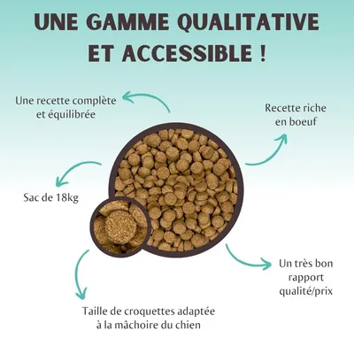 UNE GAMME QUALITATIVE ET ACCESSIBLE ! Une recette complète et équilibrée, sac de 18 kg, taille de croquettes adaptée à la mâchoire du chien, recette riche en bœuf, très bon rapport qualité/prix.