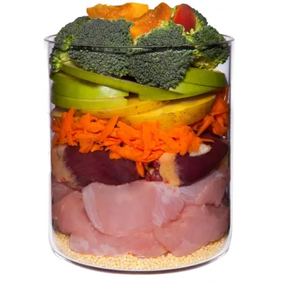 Glass container with visible layers of raw chicken pieces, organ meat, grated carrot, banana slices, green apple slices, broccoli florets and orange fruit segments. No brand or text shown.