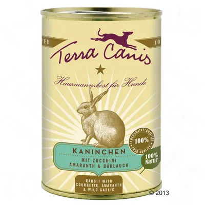 Blik Terra Canis hondenvoer, Kaninchen mit Zucchini, Amaranth & Bärlauch, 100% Natur, Hausmannskost für Hunde. Tekst deels in het Duits en Engels zichtbaar op het etiket.