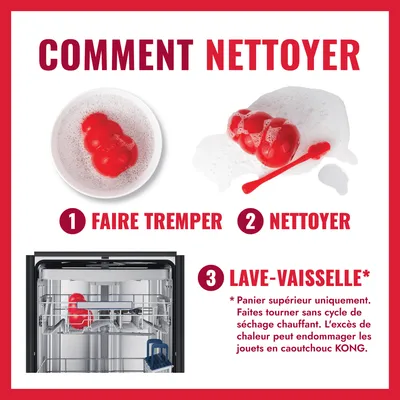 Instructions de nettoyage : 1. Faire tremper, 2. Nettoyer avec une brosse et de la mousse, 3. Convient au lave-vaisselle dans le panier supérieur sans séchage à chaud, la chaleur pouvant endommager les jouets en caoutchouc KONG.