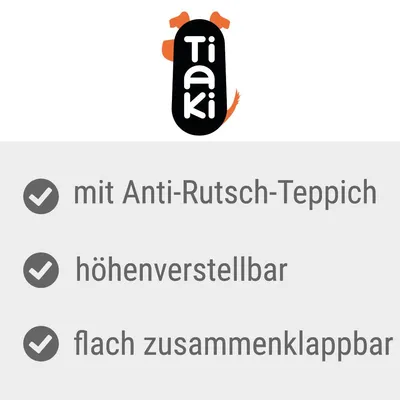 Tiaki. Mit Anti-Rutsch-Teppich, höhenverstellbar, flach zusammenklappbar.