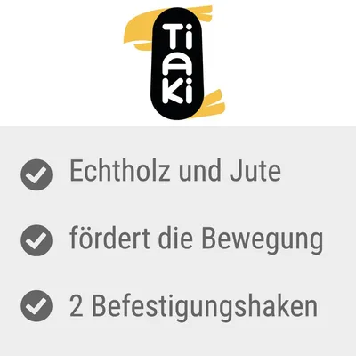 Tiaki. Echt­holz und Jute, fördert die Bewegung, 2 Befestigungshaken. Texte en allemand.