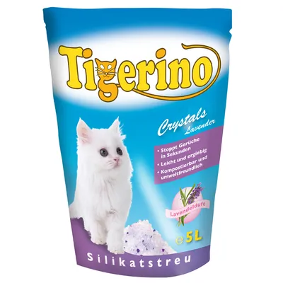 Tigerino Crystals Lavender silikátová stelivo pro kočky, e5L. Stoppt Gerüche in Sekunden, Leicht und ergiebig, Kompostierbar und umweltfreundlich, Lavendelduft.
