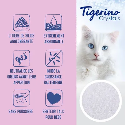 Tigerino Crystals. Litière de silice agglomérante, extrêmement absorbante, neutralise les odeurs avant leur apparition, inhibe la croissance bactérienne, sans poussière, senteur talc pour bébé.
