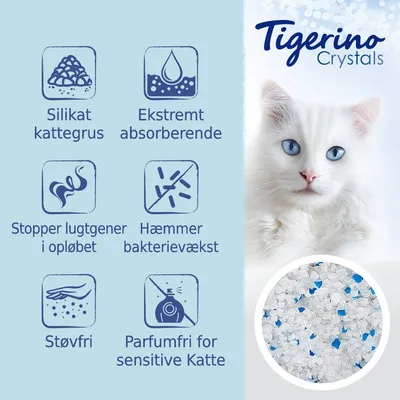 Tigerino Crystals silikat kattegrus. Ekstremt absorberende, stopper lugtgener i opløbet, hæmmer bakterievækst, støvfri, parfumefri for sensitive katte. Billede af gruset.