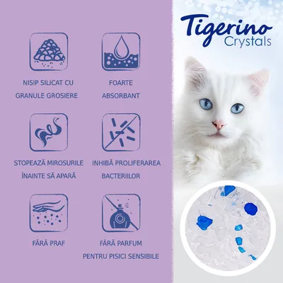 Tigerino Crystals. Nisip silicat cu granule gro­siere, foarte absorbant, stopează mirosurile, inhibă proliferarea bacteriilor, fără praf, fără parfum pentru pisici sensibile.