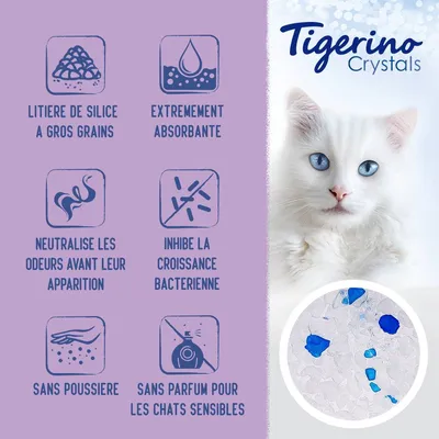 Tigerino Crystals. Litière de silice à gros grains, extrêmement absorbante, neutralise les odeurs avant leur apparition, inhibe la croissance bactérienne, sans poussière, sans parfum pour chats sensibles.