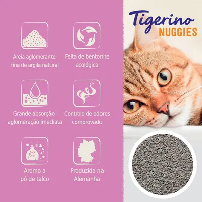 Tigerino Nuggies. Areia aglomerante fina de argila natural, feita de bentonite ecológica, grande absorção, controlo de odores, aroma a pó de talco, produzida na Alemanha.