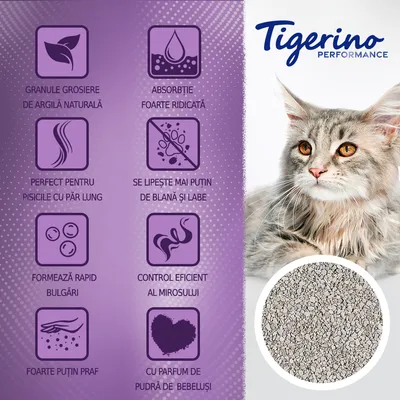 Tigerino Performance. Granule groșiere de argilă naturală, absorbție foarte ridicată, perfect pentru pisicile cu păr lung, formează rapid bulgări, control eficient al mirosului, foarte puțin praf, cu parfum de pudră de bebeluși.