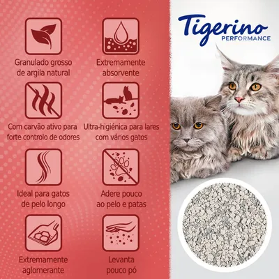Tigerino Performance. Granulado grosso de argila natural, extremamente absorvente, com carvão ativo, ultra-higiénico, ideal para gatos de pelo longo, adere pouco ao pelo, levanta pouco pó.