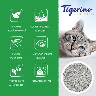 Tigerino Premium. Nisip din argilă naturală, foarte absorbant și eficient, foarte puțin praf, formează imediat bulgări, control rapid al mirosului, cu parfum de pin.
