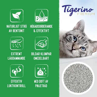 Tigerino Premium kattsand. Text: Naturligt strö av bentonit, högabsorberande & effektivt, extremt lågdammande, bildar klumpar omedelbart, effektiv luktkontroll, med doft av pinjeträd.