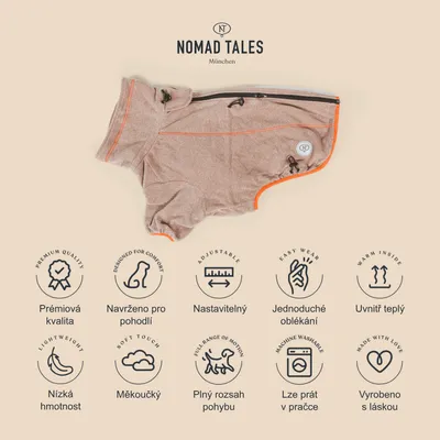 Psí obleček Nomad Tales München, viditelný zip, béžová barva s oranžovým lemem. Text: Prémiová kvalita, Navrženo pro pohodlí, Nastavitelný, Jednoduché oblékání, Uvnitř teplý, Nízká hmotnost, Měkoučký, Plný rozsah pohybu, Lze prát v pračce, Vyrobeno s láskou.