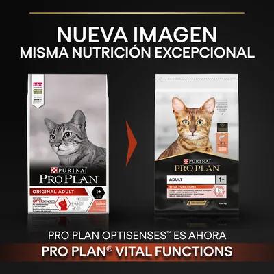 Cambio de imagen en el envase de Purina Pro Plan para gatos adultos 1+, antes Optisenses, ahora Vital Functions. Misma nutrición excepcional, sabor salmón visible en ambos paquetes.