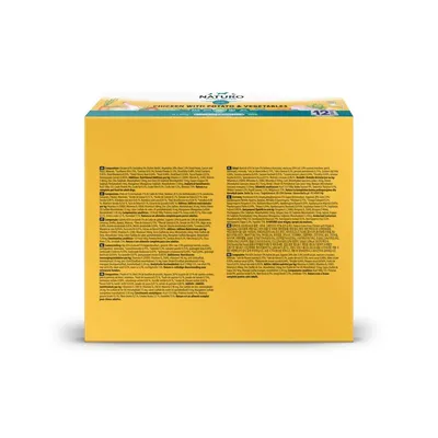 Back of product box showing detailed ingredients and feeding information in multiple languages for chicken with potato and vegetables variety. Text is too small to read clearly.