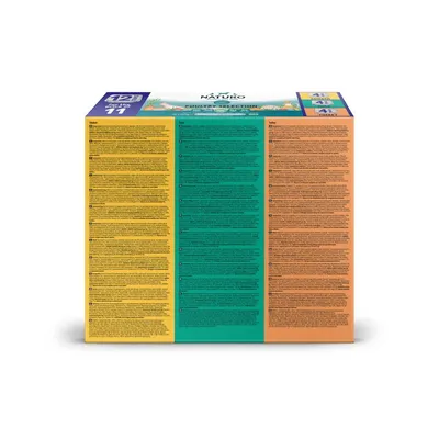 Product packaging showing detailed ingredient lists and information for three different varieties, each in a separate coloured section. Text is too small to read clearly.