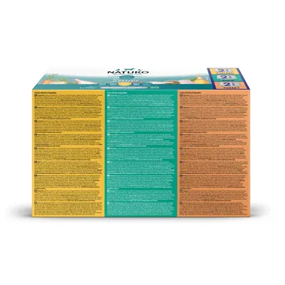 Product packaging showing detailed ingredient and feeding information for chicken, beef, and turkey with rice and vegetables. Includes sections in yellow, green, and orange.