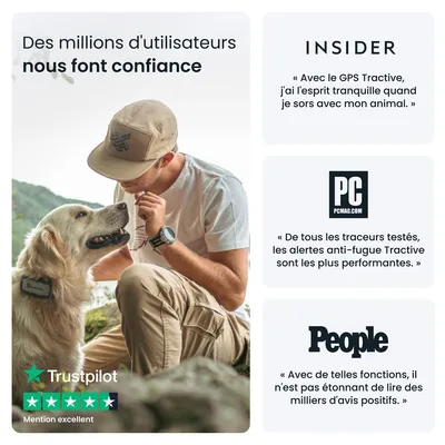 Des millions d’utilisateurs nous font confiance. Trustpilot mention excellent. INSIDER, PCMAG.COM et People recommandent le GPS Tractive pour animaux avec avis positifs et alertes performantes.