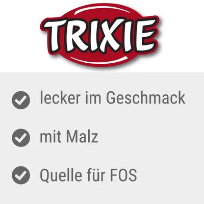 TRIXIE. Text in German: lecker im Geschmack, mit Malz, Quelle für FOS.