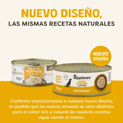 Applaws Taste Toppers en caldo, nuevo diseño de envase, mismas recetas naturales. Aviso: Las nuevas latas tienen un aspecto diferente, el sabor permanece igual. Applaws Taste Toppers en caldo, nuevo diseño de envase, mismas recetas naturales. Aviso: Las nuevas latas tienen un aspecto diferente, el sabor permanece igual.