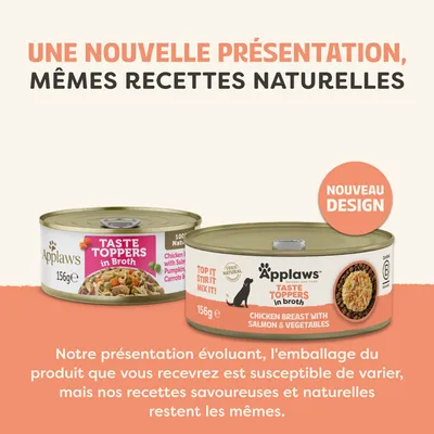 Applaws Taste Toppers en bouillon, nouveau design. Poulet avec saumon et légumes, 156 g. La présentation change, les recettes naturelles restent les mêmes. Applaws Taste Toppers en bouillon, nouveau design. Poulet avec saumon et légumes, 156 g. La présentation change, les recettes naturelles restent les mêmes.