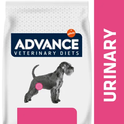 Advance Veterinary Diets affinity URINARY, opakowanie z wizerunkiem psa i oznaczeniem okolicy pęcherza. Widoczne duże napisy: ADVANCE, VETERINARY DIETS, URINARY.