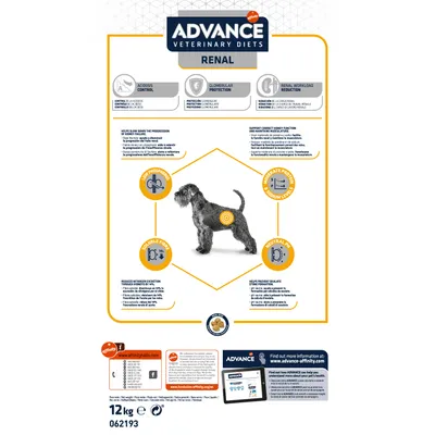 Опаковка Advance Veterinary Diets Renal за кучета, 12 кг. Видими са схеми с ниско фосфор, разтворими фибри, неутрално pH, умерени нива на протеин и натрий, информация за продукта.