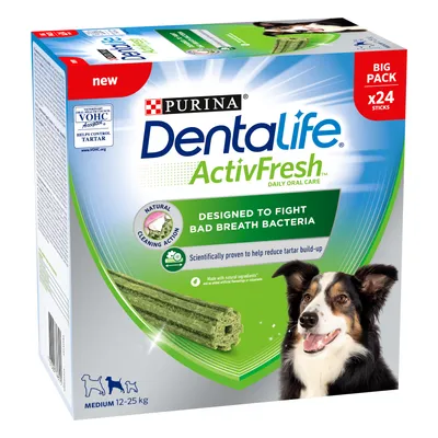 DentalLife ActivFresh daily oral care, designed to fight bad breath bacteria, big pack with 24 sticks, scientifically proven to help reduce tartar build-up, for medium size 12-25kg.