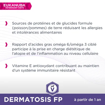 Eukanuba Veterinary Diets Dermatosis FP : sources de protéines et glucides, oméga 6/3 ciblé, vitamine E antioxydant, à partir de 1 an. Texte en fr_BE.