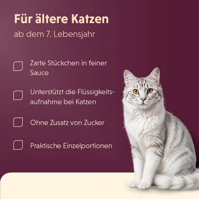 Für ältere Katzen ab dem 7. Lebensjahr: Zarte Stückchen in feiner Sauce, unterstützt Flüssigkeitsaufnahme, ohne Zuckerzusatz, praktische Einzelportionen. Für ältere Katzen ab dem 7. Lebensjahr: Zarte Stückchen in feiner Sauce, unterstützt Flüssigkeitsaufnahme, ohne Zuckerzusatz, praktische Einzelportionen.
