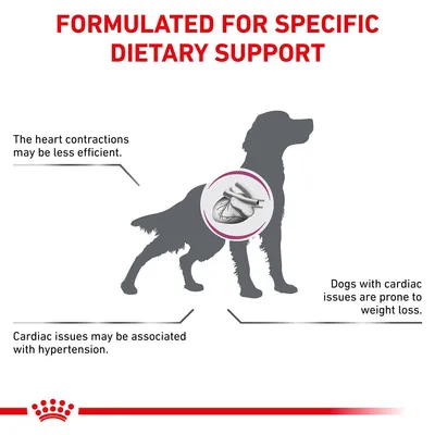 Formulated for specific dietary support. The heart contractions may be less efficient. Cardiac issues may be associated with hypertension. Dogs with cardiac issues are prone to weight loss.