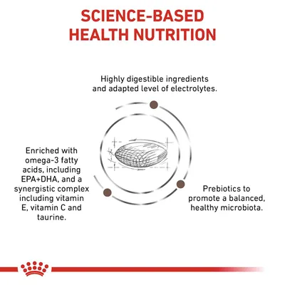 Science-based health nutrition with highly digestible ingredients, adapted electrolytes, omega-3 fatty acids, vitamins E and C, taurine, and prebiotics for balanced microbiota.