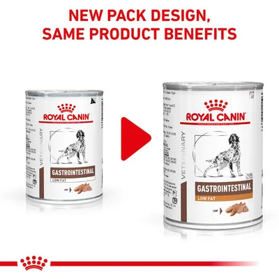 Royal Canin Gastrointestinal Low Fat dog food tins, old and new pack designs side by side. Text: New pack design, same product benefits.