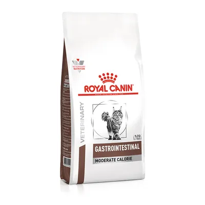 Saco de pienso para gatos Royal Canin Gastrointestinal Moderate Calorie, texto visible: VETERINARY NUTRITION, GASTROINTESTINAL, MODERATE CALORIE, imagen de un gato en el envase.