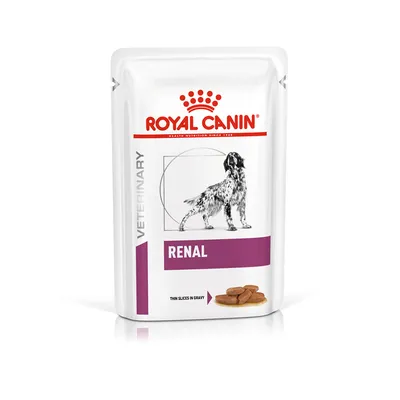 ROYAL CANIN VETERINARY RENAL thin slices in gravy pouch with dog illustration and purple label