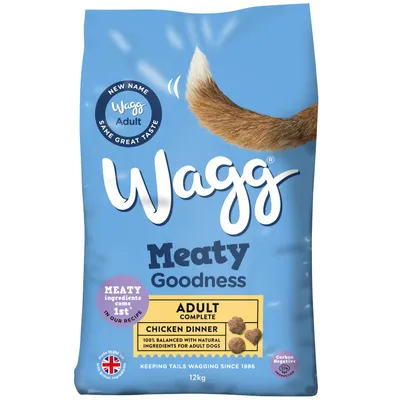 Wagg Meaty Goodness Adult Complete Chicken Dinner, meaty ingredients come first, 100% balanced with natural ingredients for adult dogs, 12kg bag, made in the UK.