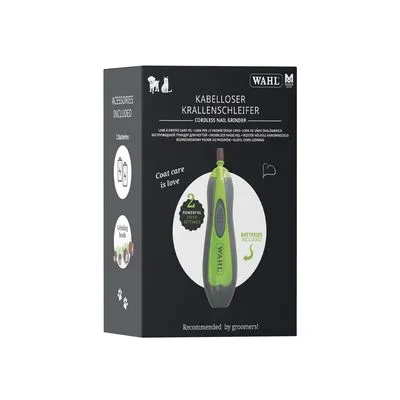 WAHL draadloze nagelslijper, 2 snelheden, batterijtechnologie, tekst: 'Coat care is love', aanbevolen door trimmers. Verpakking toont groen apparaat en accessoires inbegrepen.