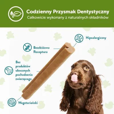 Codzienny Przysmak Dentystyczny: całkowicie wykonany z naturalnych składników, bez zbóż, hipoalergiczny, wegetariański, bez produktów ubocznych pochodzenia zwierzęcego.